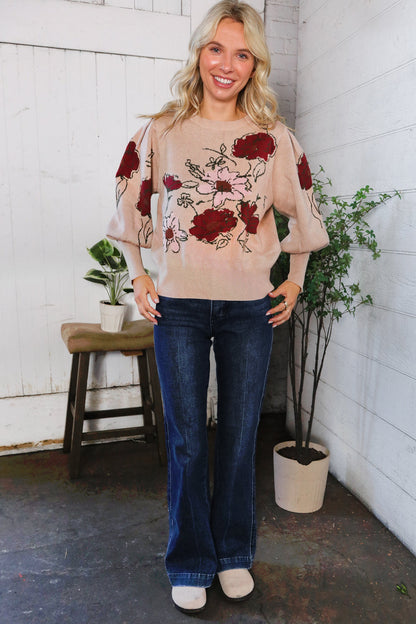Scarlet Petals Bubble Sleeve Sweater