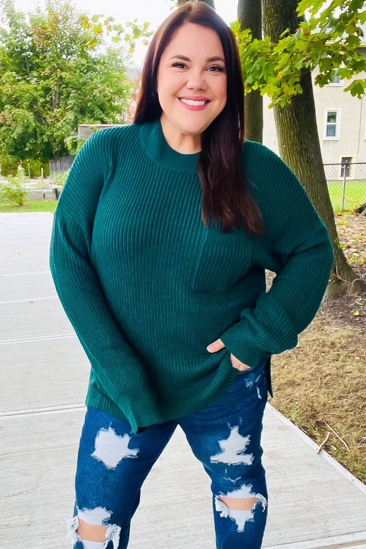 Plus Size Classy Chic Hunter Green Mock Neck Chest Pocket Knit Sweater