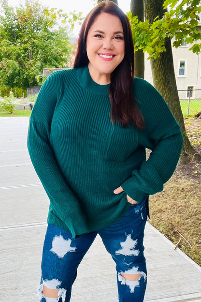 Plus Size Classy Chic Hunter Green Mock Neck Chest Pocket Knit Sweater