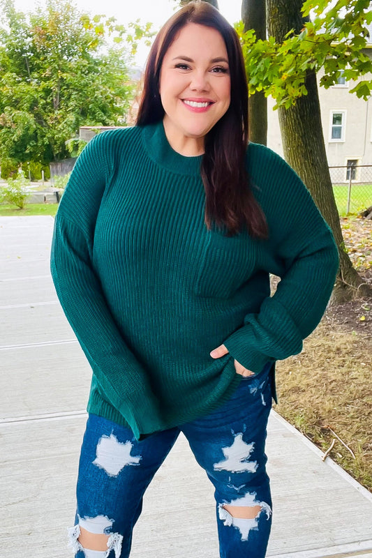 Plus Size Classy Chic Hunter Green Mock Neck Chest Pocket Knit Sweater