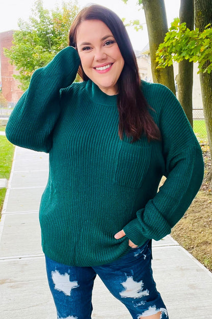 Plus Size Classy Chic Hunter Green Mock Neck Chest Pocket Knit Sweater