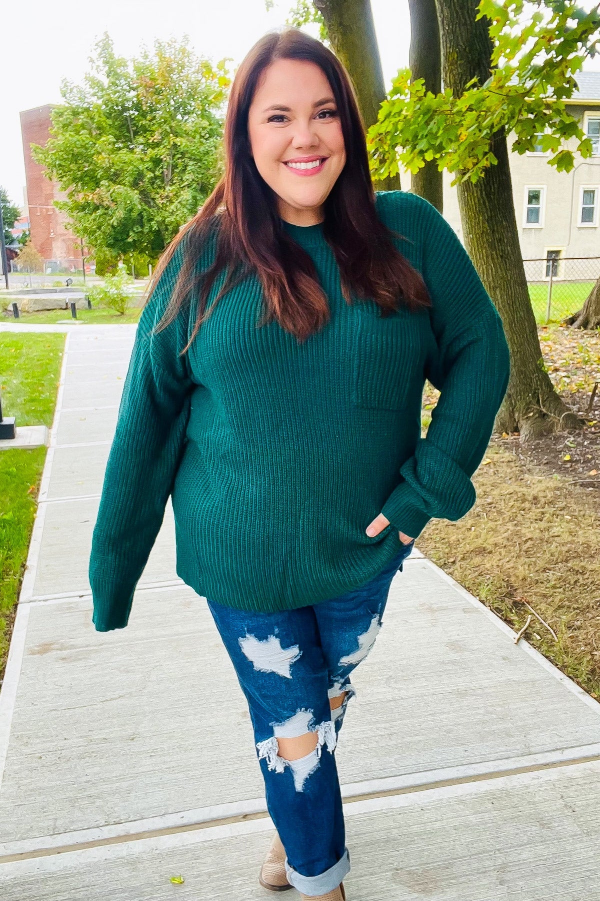 Plus Size Classy Chic Hunter Green Mock Neck Chest Pocket Knit Sweater