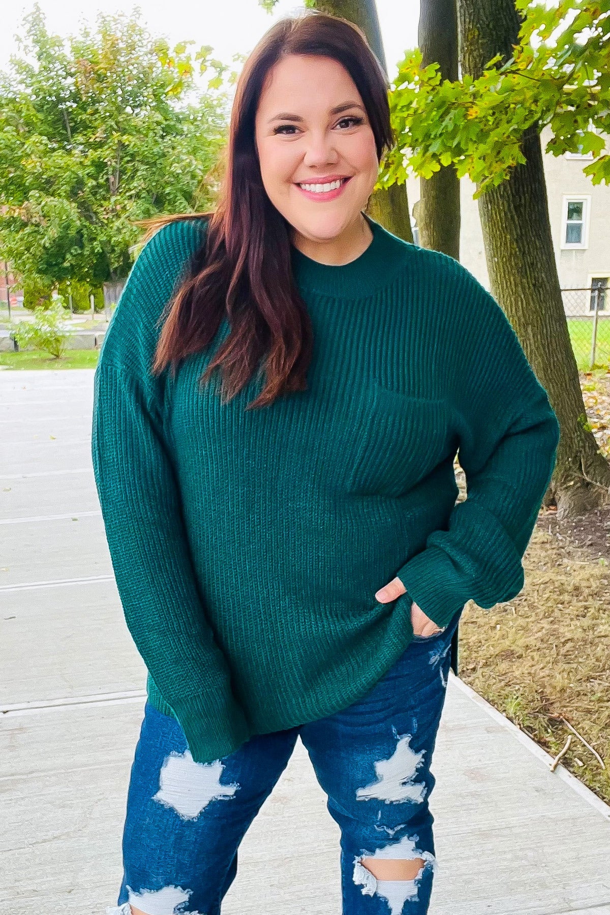 Plus Size Classy Chic Hunter Green Mock Neck Chest Pocket Knit Sweater