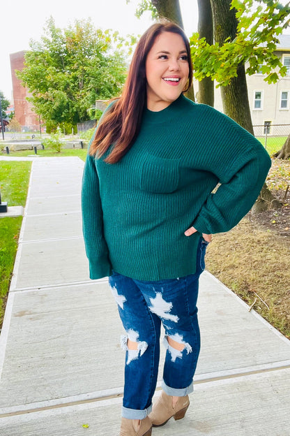 Plus Size Classy Chic Hunter Green Mock Neck Chest Pocket Knit Sweater