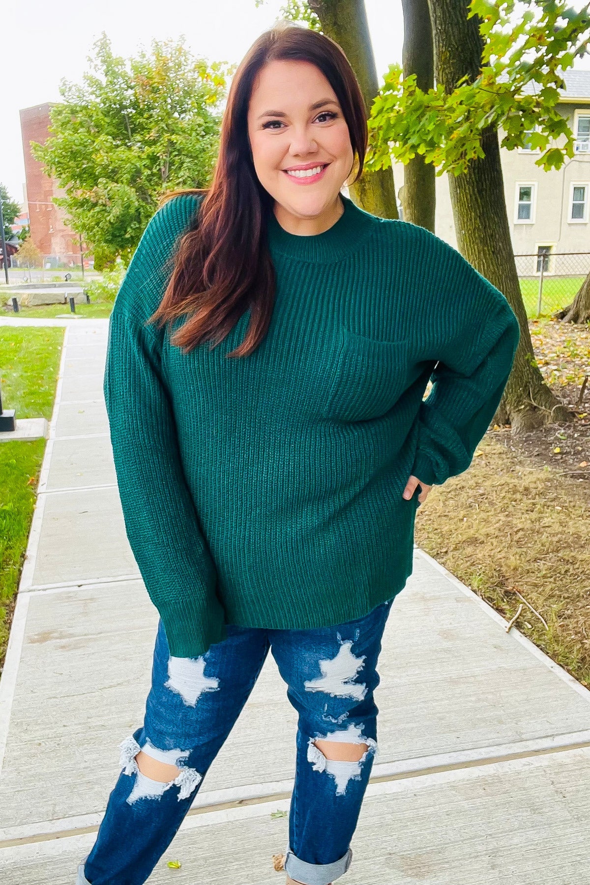 Plus Size Classy Chic Hunter Green Mock Neck Chest Pocket Knit Sweater