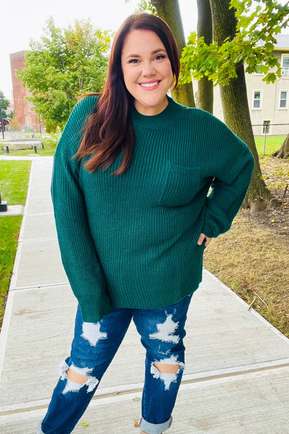 Plus Size Classy Chic Hunter Green Mock Neck Chest Pocket Knit Sweater